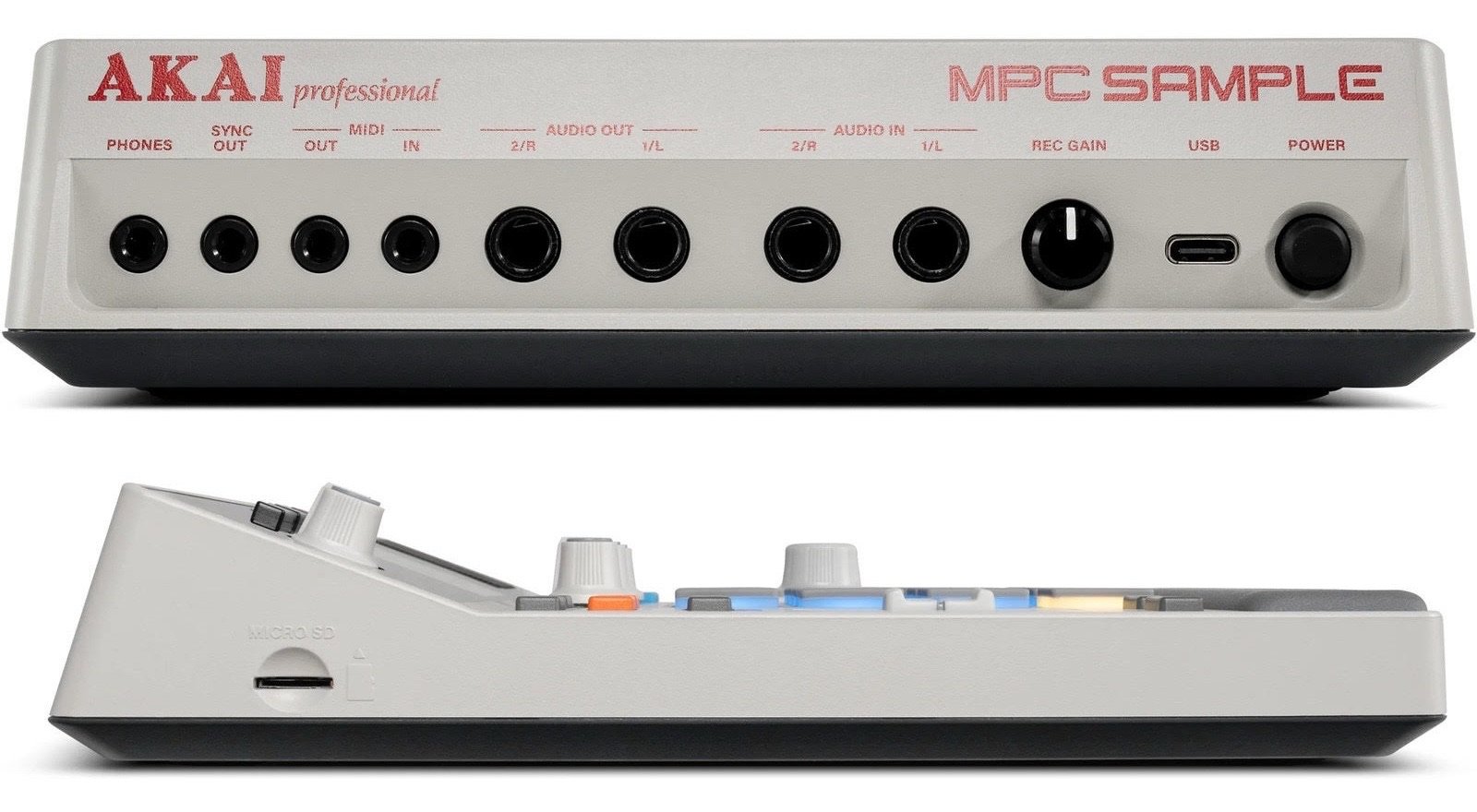 Akai MPC Sample rear panel with headphones, sync out, MIDI in/out, quarter-inch audio inputs and outputs, rec gain, USB-C and power, plus side microSD slot